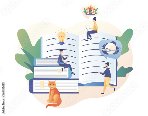 Tiny people reading books. Book library online. Literature fans, E-book, media library, learning online. Modern flat cartoon style. Vector illustration on white background