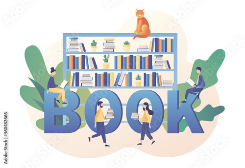 Book library online. Tiny people reading books. Big text BOOK. Literature fans, E-book, media library, learning online. Modern flat cartoon style. Vector illustration on white background