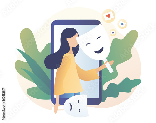 Masking true feelings. Tiny girl in smartphone trying on carnival masks with happy or sad expressions. Psychology. Human masquerade. Modern flat cartoon style. Vector illustration on white background