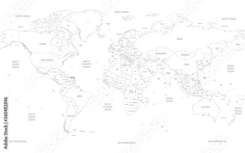 Map of World. Detailed thin black outline political map with country, sea and ocean names. Vector map