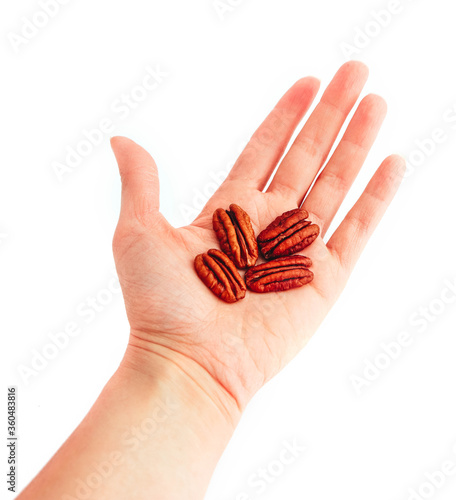 Three raw pecan nuts, hold in a female hand, isolated on white background.