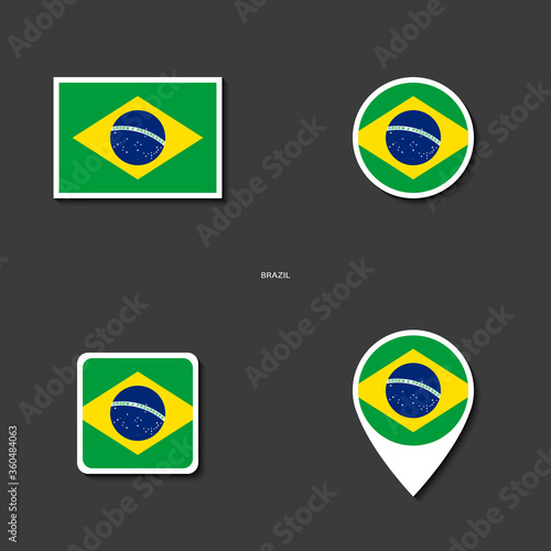 Brazil flag icon set in different shape (rectangle, circle, square and marker icon) on dark grey background. Brazil sticker flag collection on barely dark background.