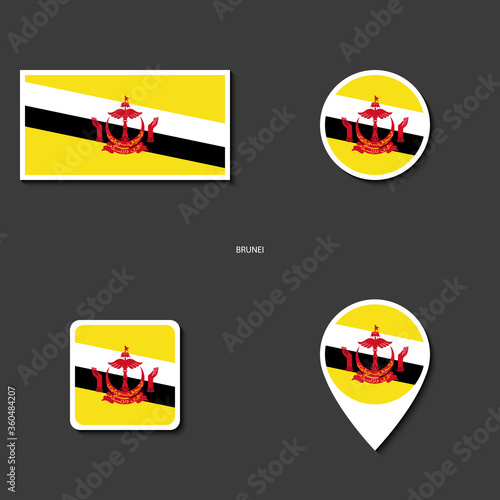 Brunei flag icon set in different shape (rectangle, circle, square and marker icon) on dark grey background. Brunei sticker flag collection on barely dark background.