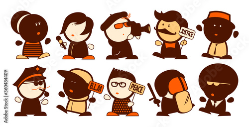 Black lives matter riot cartoon personages set