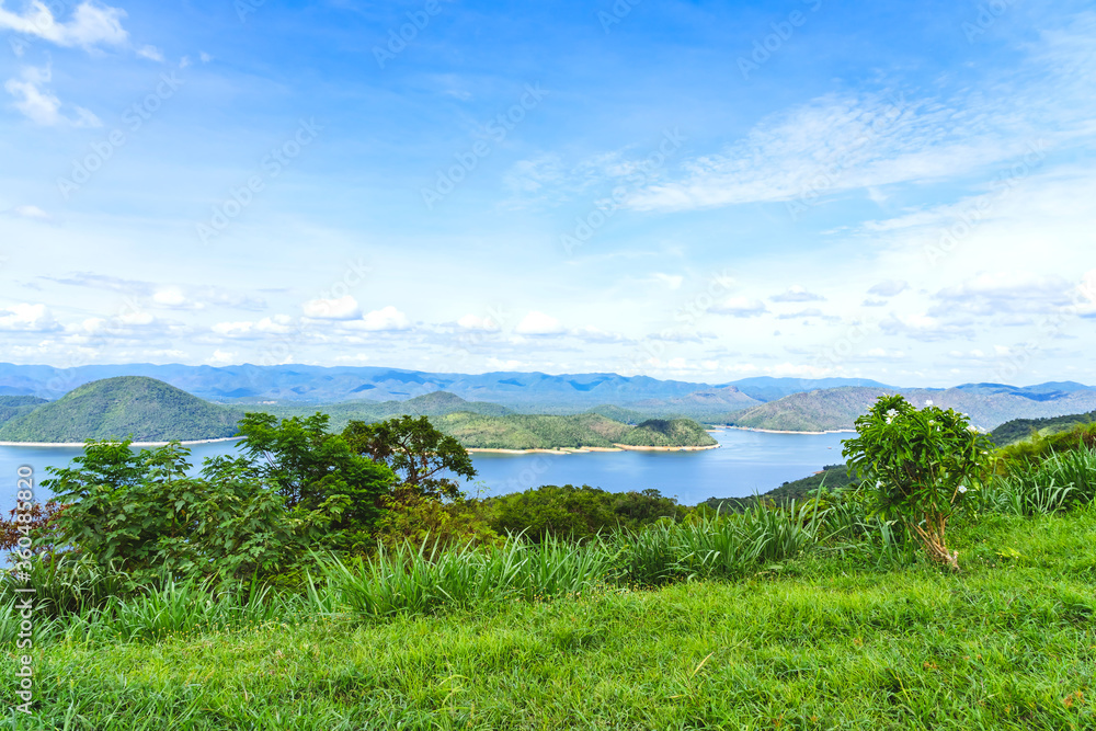 Beautiful scenery views of nature with a large reservoir above the Srinagarind Dam in Si Sawat District, Kanchanaburi Thailand.