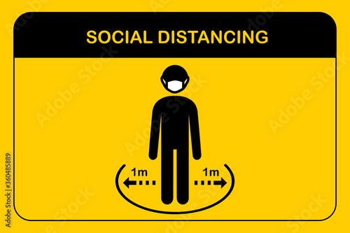 New normal and Social distancing concept.A man and a woman in medical masks protection from corona virus covid 19.People keep safe distance queue 1 meter.Sign and symbol icon flat vector Illustration.