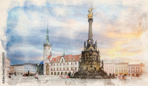 Panorama of Olomouc, Czech Republic. Watercolor style illustration