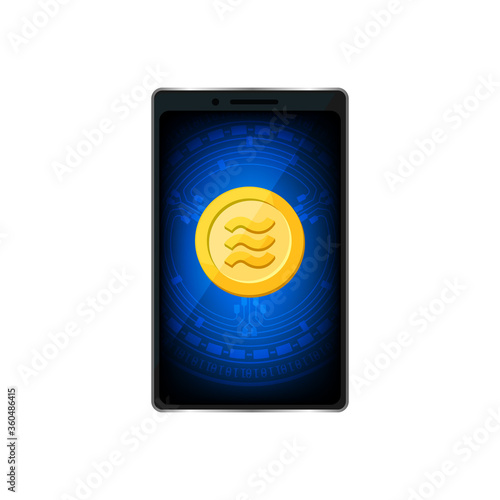 Coin gold realistic logo Libra Calibra currency in smart phone screen, Libra Calibra golden coin in mobile smart phone with mobile banking application, Digital currency money coins financial