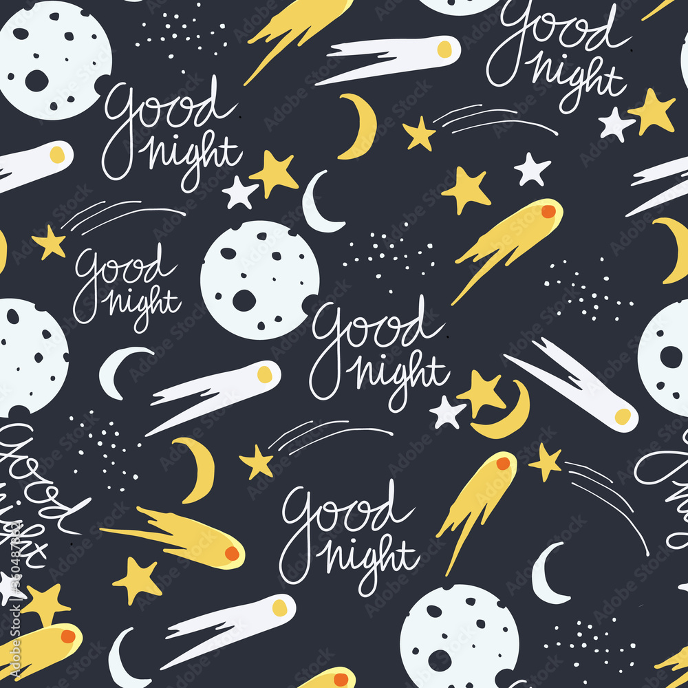 seamless pattern with hand drawn moon and shooting stars with text good night.