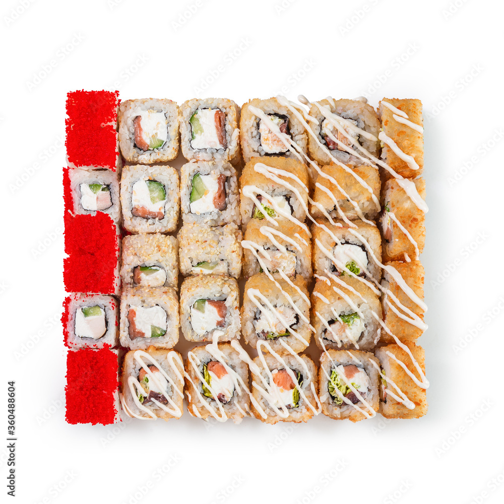 Japanese cuisine. Seafood, vegetables and meat. Sushi and rolls big set isolation on a white background