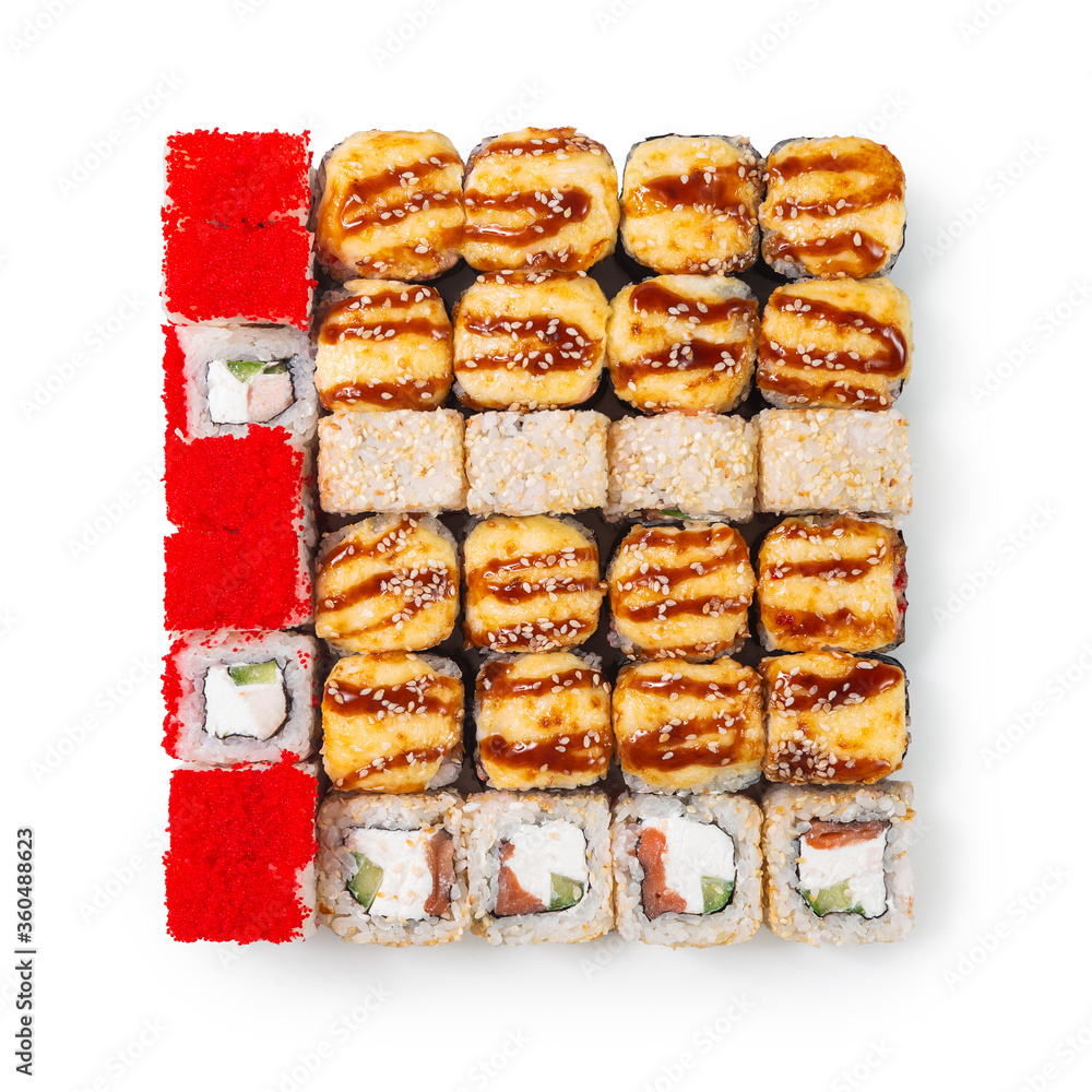 Japanese cuisine. Seafood, vegetables and meat. Sushi and rolls big set isolation on a white background