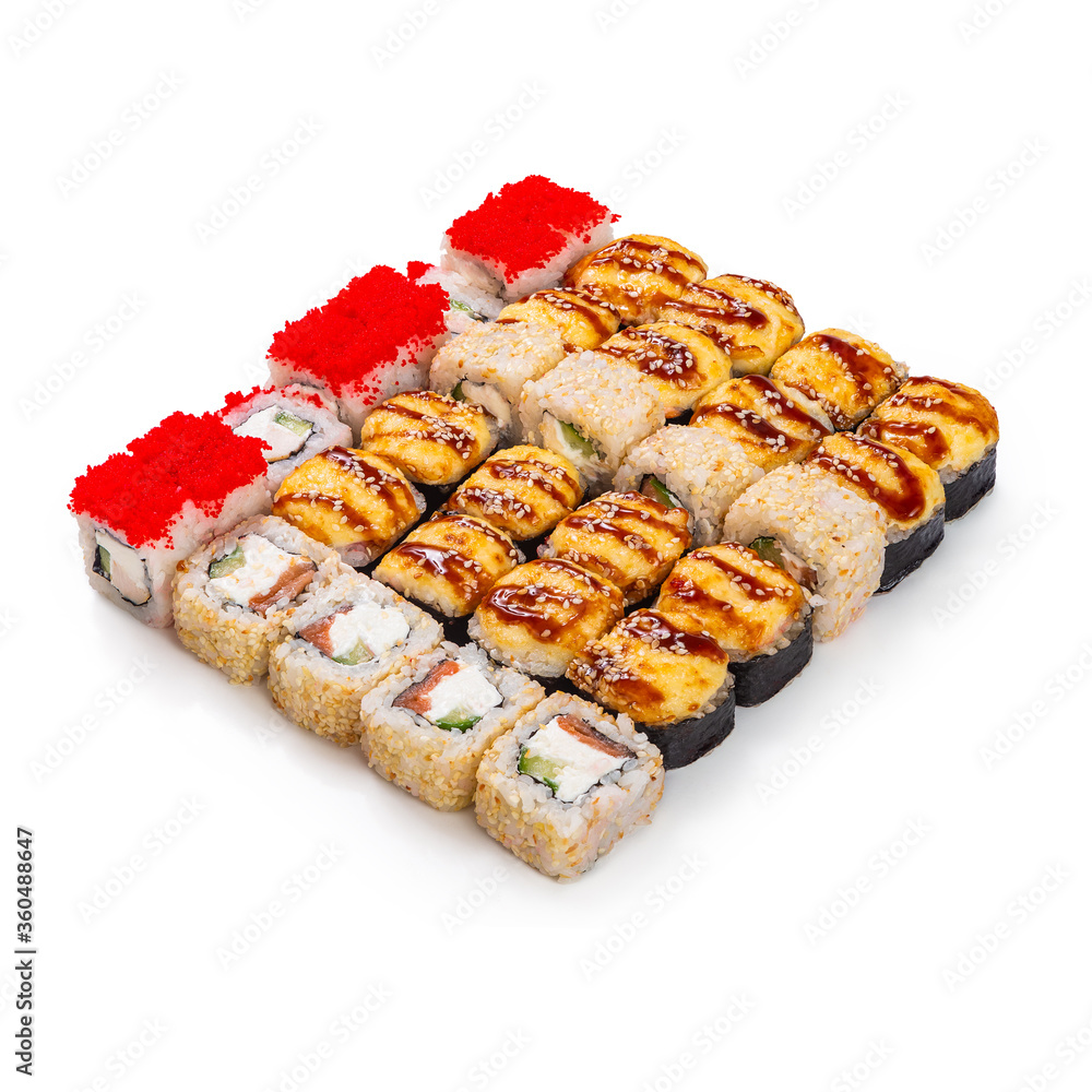 Japanese cuisine. Seafood, vegetables and meat. Sushi and rolls big set isolation on a white background