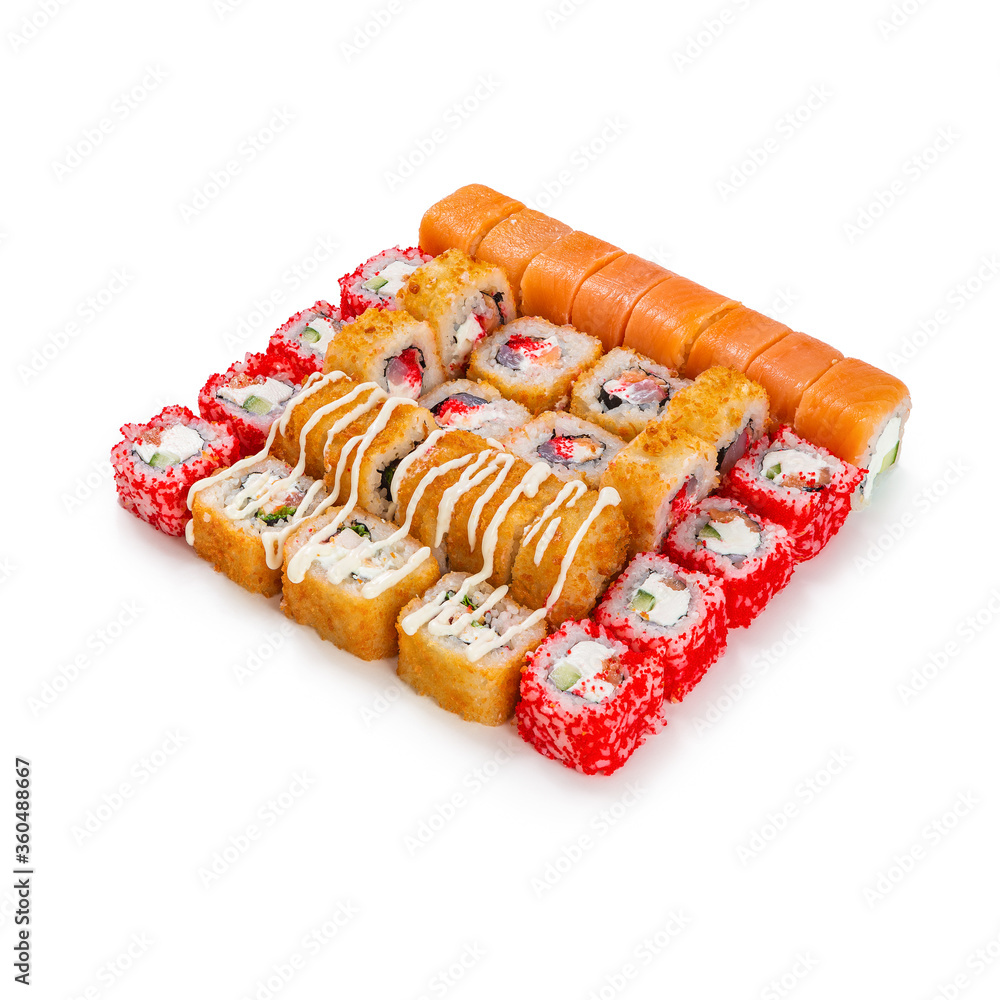 Japanese cuisine. Seafood, vegetables and meat. Sushi and rolls big set isolation on a white background