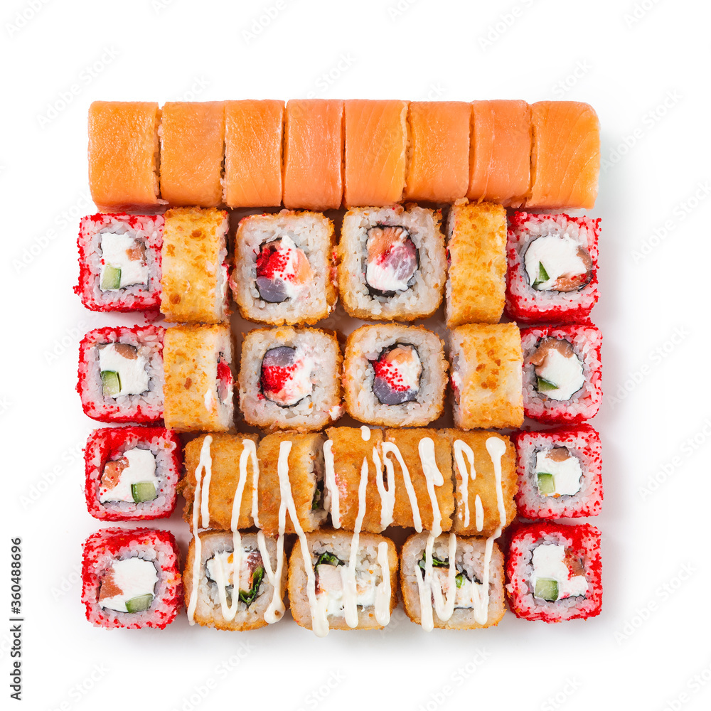 Japanese cuisine. Seafood, vegetables and meat. Sushi and rolls big set isolation on a white background