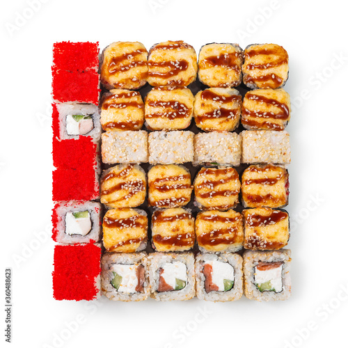 Japanese cuisine. Seafood, vegetables and meat. Sushi and rolls big set isolation on a white background