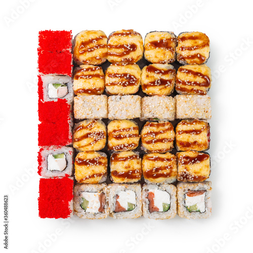 Obraz na płótnie Japanese cuisine. Seafood, vegetables and meat. Sushi and rolls big set isolation on a white background w salonie