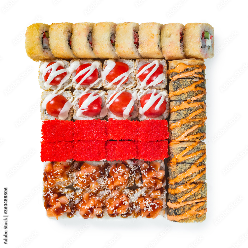 Japanese cuisine. Seafood, vegetables and meat. Sushi and rolls big set isolation on a white background