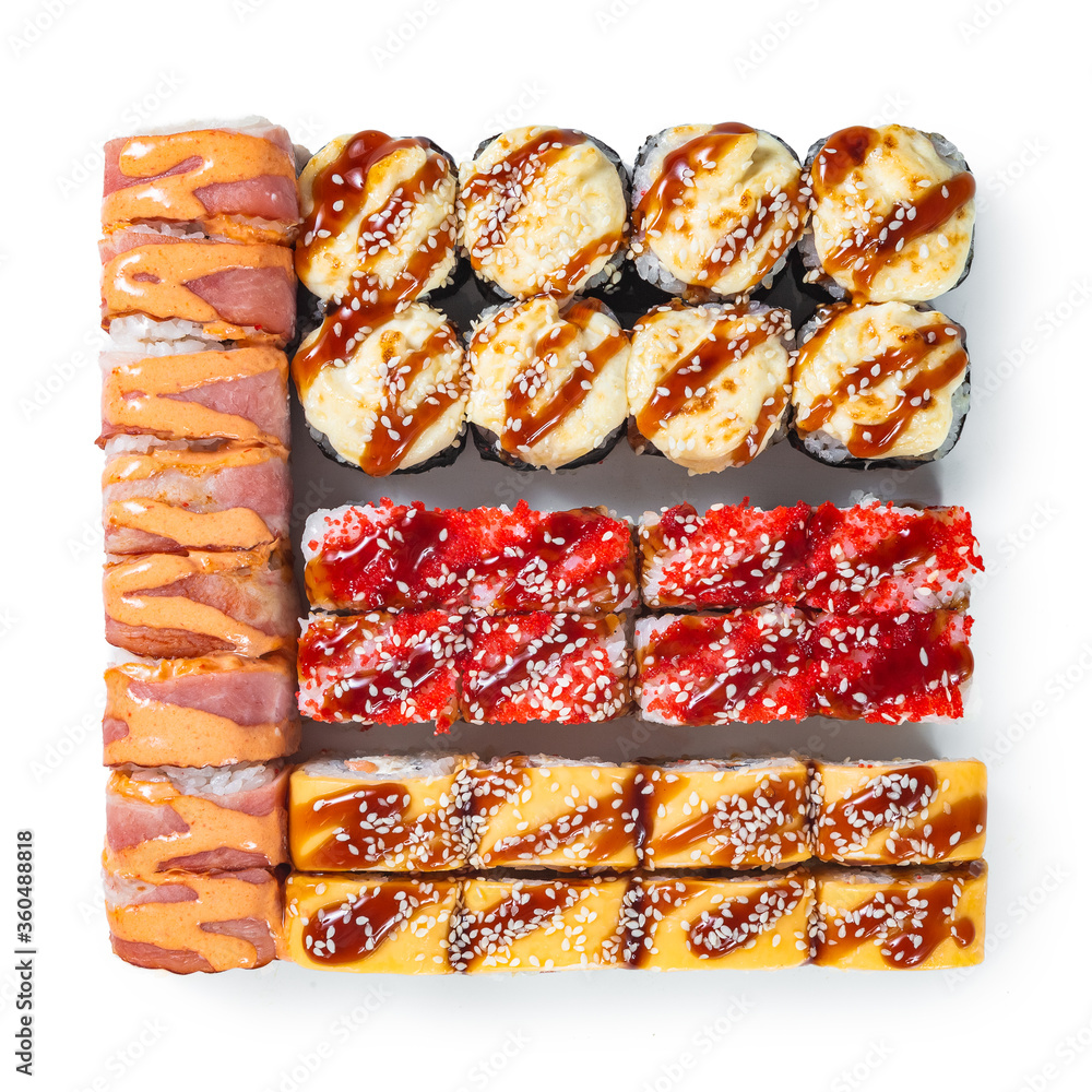 Japanese cuisine. Seafood, vegetables and meat. Sushi and rolls big set isolation on a white background