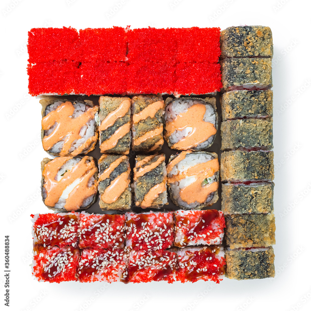 Japanese cuisine. Seafood, vegetables and meat. Sushi and rolls big set isolation on a white background