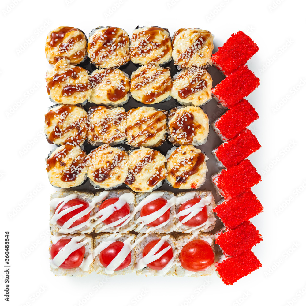 Japanese cuisine. Seafood, vegetables and meat. Sushi and rolls big set isolation on a white background