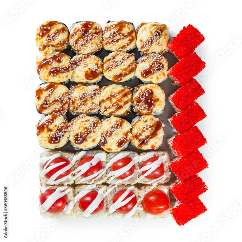 Obraz na płótnie Japanese cuisine. Seafood, vegetables and meat. Sushi and rolls big set isolation on a white background w salonie