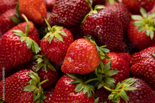 A full-framed background filled with fresh, ripe strawberries. The strawberries are a bright red color with green stems and leaves.