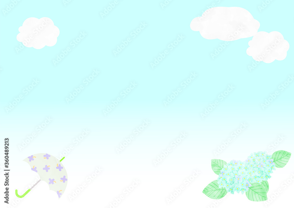 梅雨の晴れ間の青空　傘と紫陽花のフレーム　背景