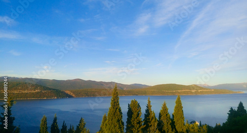Beautiful landscape of mountains and lake with pine trees, Croatia. Lake, bay, bay.