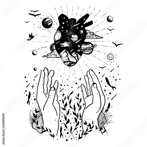 Vector black white hand drawn fantasy illustration with hands and cosmic heart  print tshirt poster 