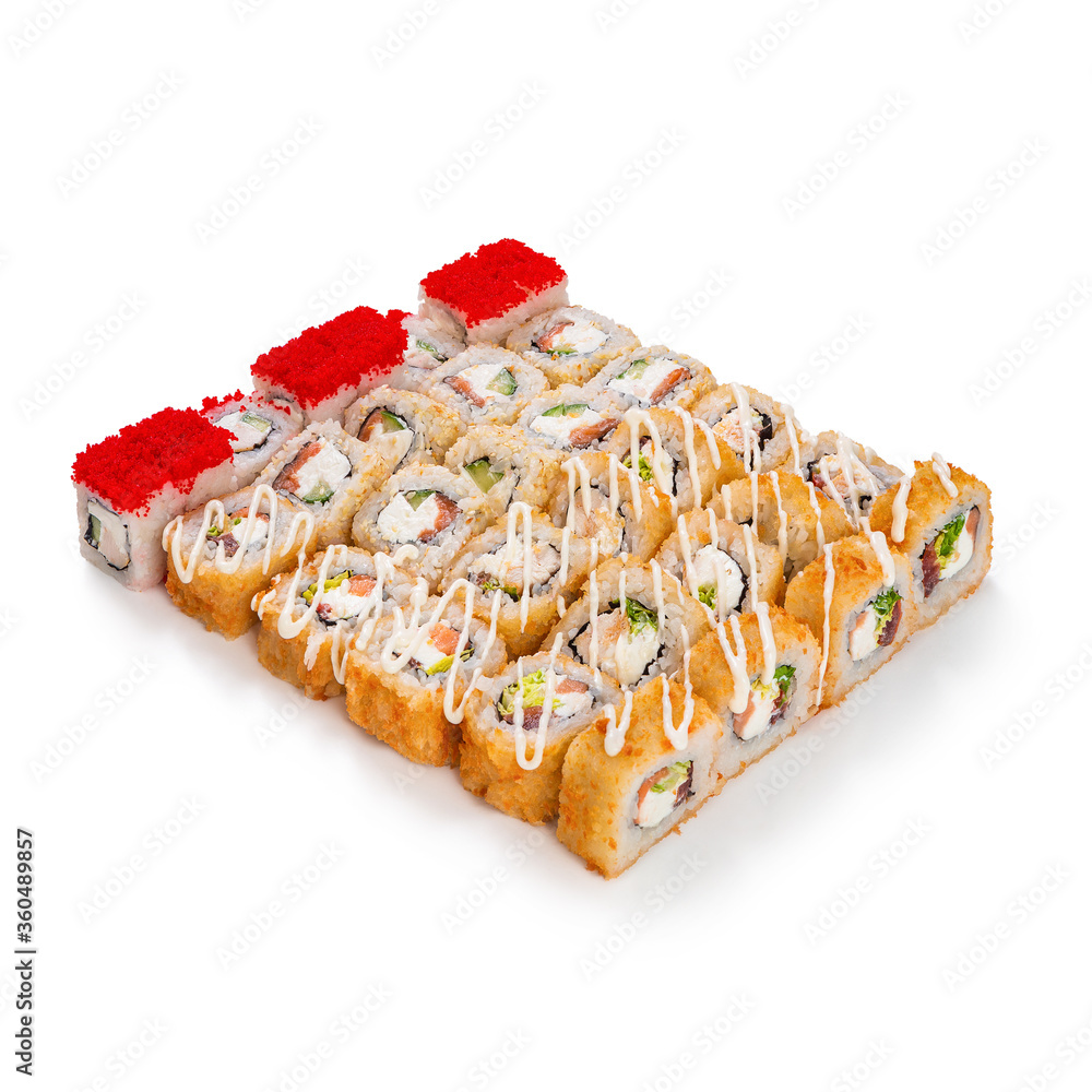Japanese cuisine. Seafood, vegetables and meat. Sushi and rolls big set isolation on a white background