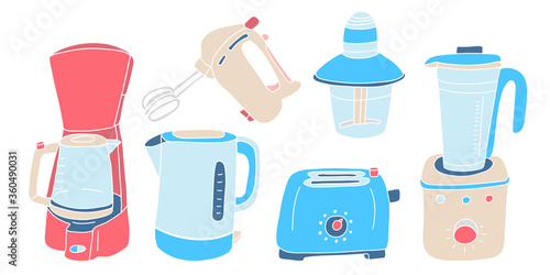 Vector set with kitchen appliances for cooking. Electric coffee maker  blender   mixer  toaster   kettle. Illustration isolated on white background.