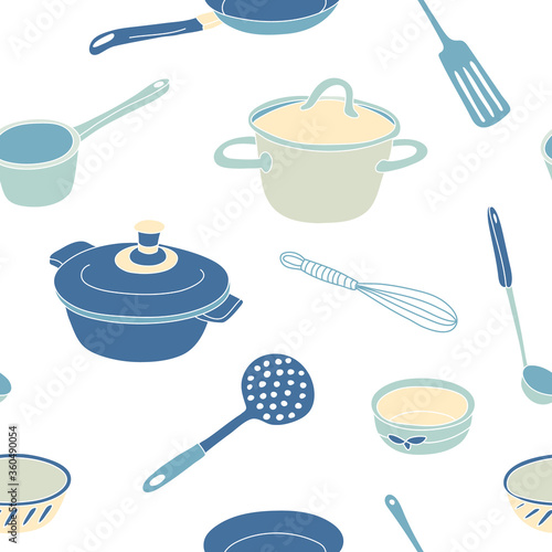 Vector seamless pattern with kitchen cooking tools and utensil. Saucepan, spatula, frying pan, whisk, ladle, bowl, whisk, skimmer. Illustration isolated on white. Great for fabrics, wrapping papers.