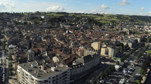 Aurillac city center - aerial frontal travelling