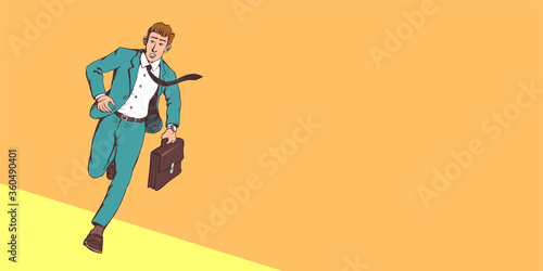 The businessman is late and runs at full speed. In the hand is a briefcase. Vector illustration banner in comic style. Place for text.