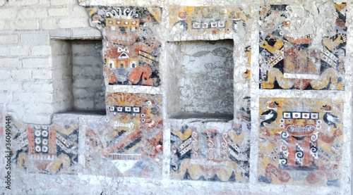 Polychrome reliefs with zoomorph and anthropomorph themes of the mochica culture at El Brujo (Chicama valley, Peru)
