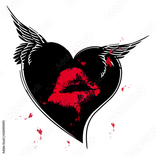 Tattoo art. Black heart with wings, red lips print, blood splatter. Femme fatale. Vector illustration