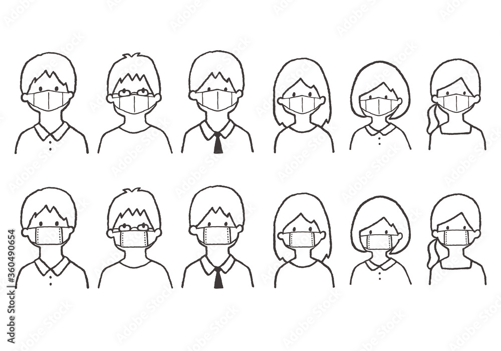マスクをした人物アイコンイラストセット 手書き