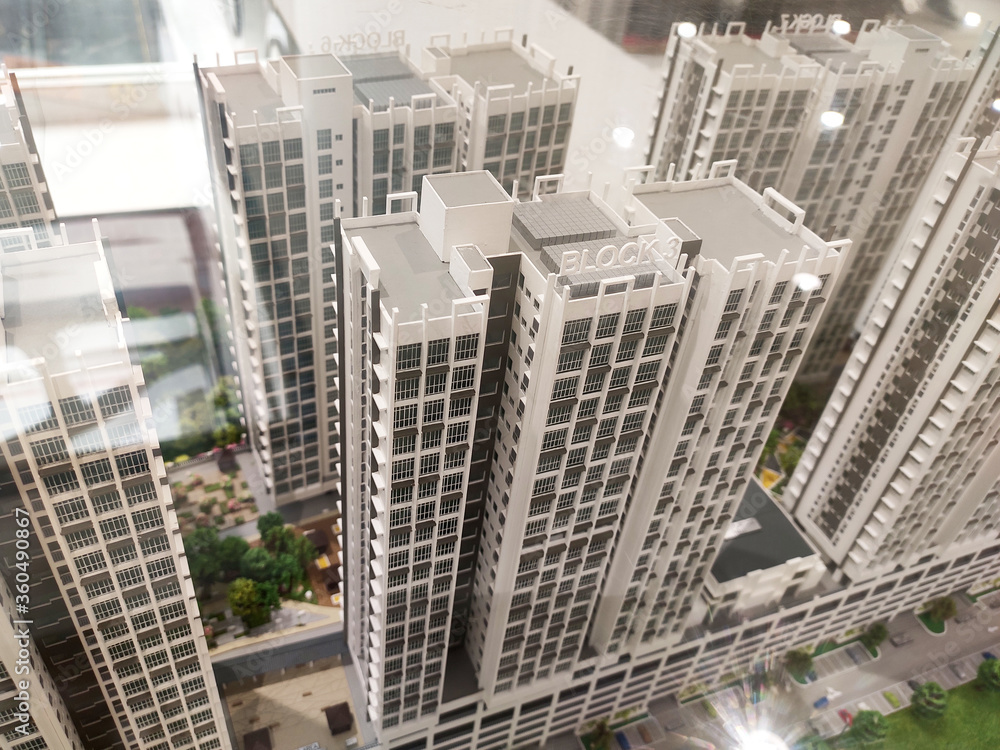 Fototapeta premium SEREMBAN, MALAYSIA -MAY 03, 2020: The high-rise apartment model is on display for the public. It is placed in the sales gallery for buyer reference. 