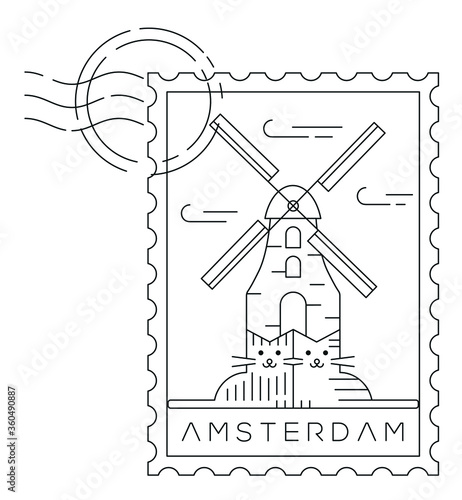 Photography Amsterdam stamp minimal linear vector illustration and typography design, Hollan