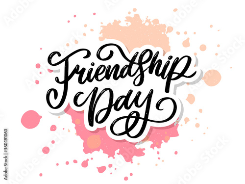 Vector illustration of hand drawn happy friendship day felicitation in fashion style with lettering text sign and color triangle for grunge effect isolated on white background