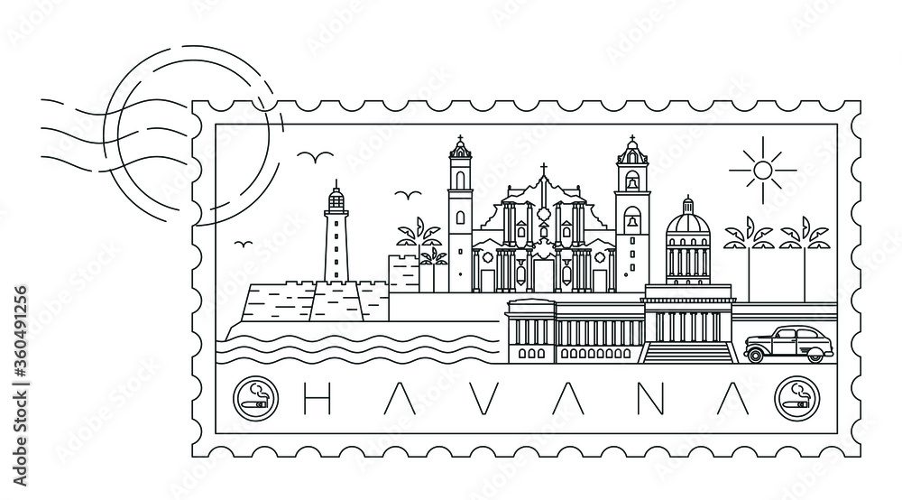 Havana skyline stamp, minimal linear vector illustration and typography design, Cuba
