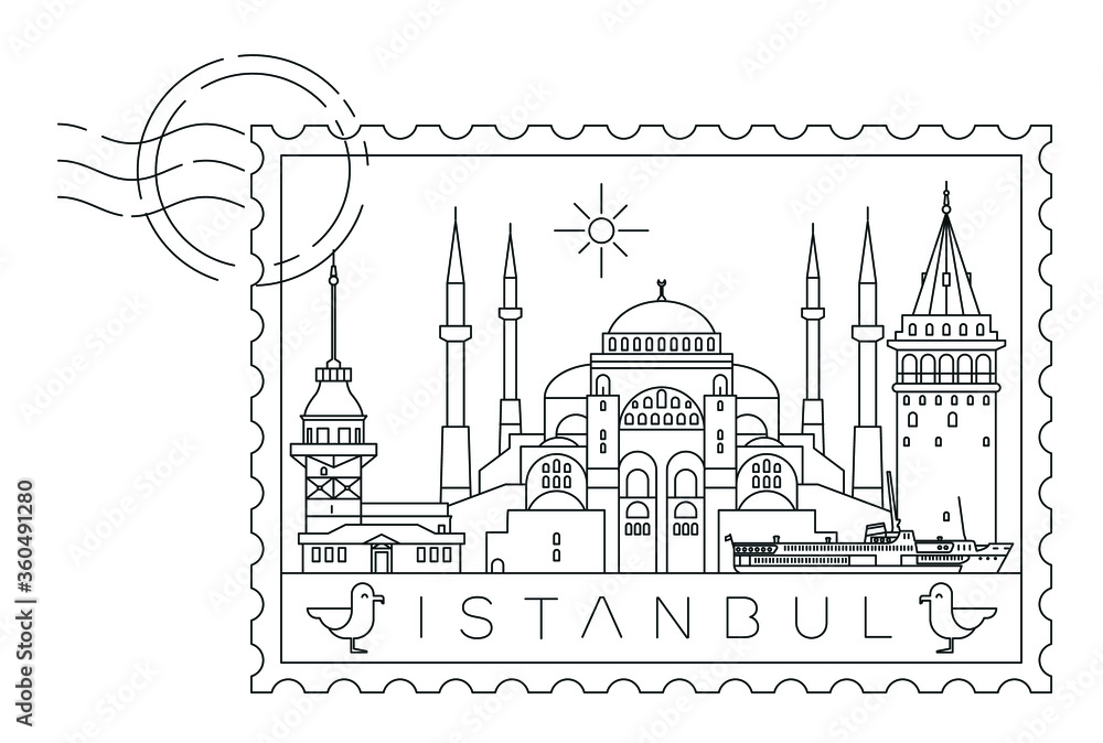 Istanbul skyline stamp, minimal linear vector illustration and typography design, Turkey