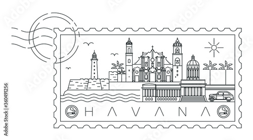 Havana skyline stamp, minimal linear vector illustration and typography design, Cuba