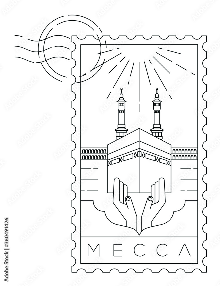 Mecca stamp minimal linear vector illustration and typography design, Saudi Arabia