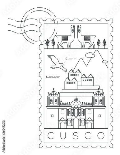 Cusco stamp minimal linear vector illustration and typography design, Peru