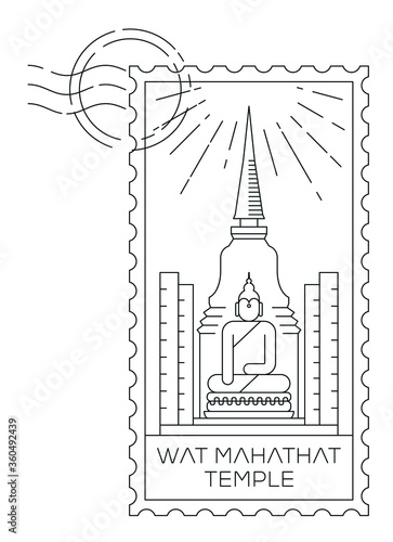 Wat Mahathat Temple stamp minimal linear vector illustration and typography design, Bangkok, Thailand