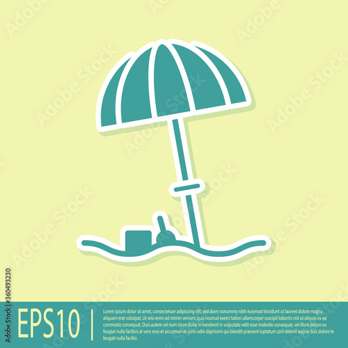 Green Sun protective umbrella for beach icon isolated on yellow background. Large parasol for outdoor space. Beach umbrella. Vector Illustration.