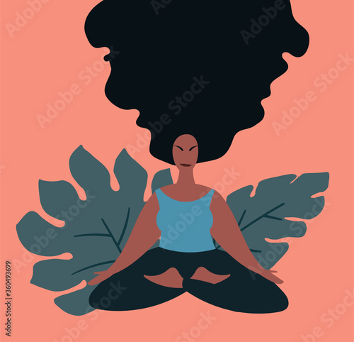 Woman doing meditation in lotus pose surrounded by plants. Minimal vector illustration.