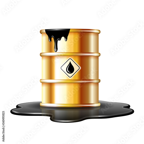 Gold barrel with oil drop label on spilled puddle of crude oil.