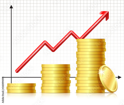 Illustration of growing pile coins and rising chart arrow